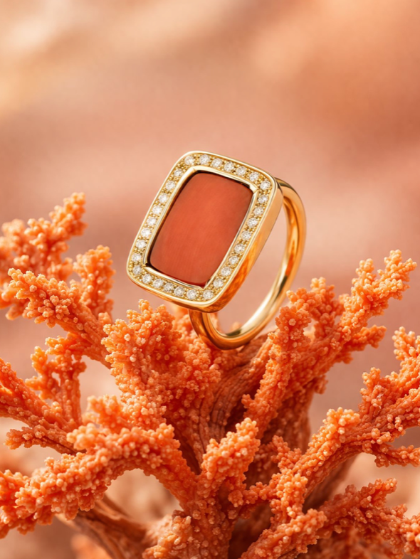Powerstone Coral & Diamond Ring