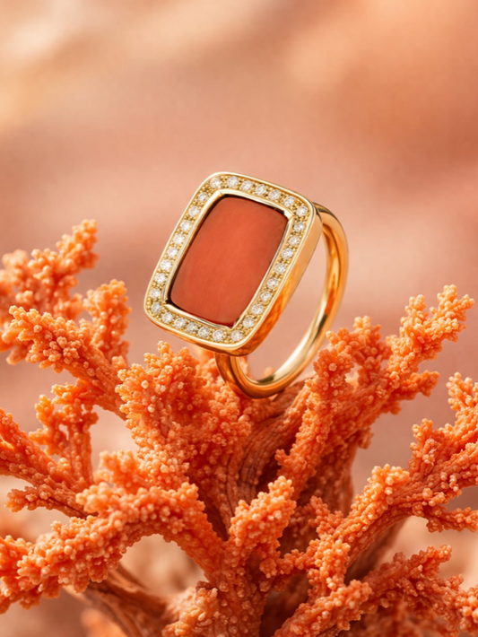 Powerstone Coral & Diamond Ring